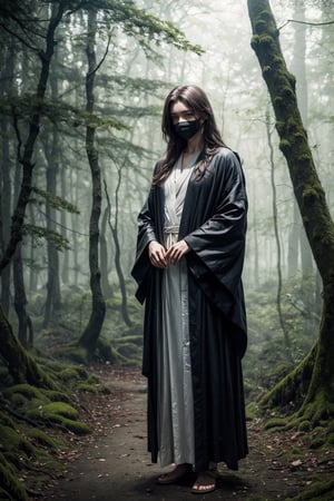 full body portrait of a person wearing a flowing robe, their face obscured by a mask, standing in a misty forest, with an air of mystery and intrigue, highly detailed, cinematic, masterpiece, best quality, high resolution