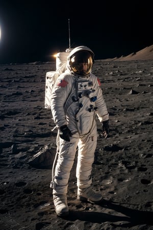 Full body photograph of an astronaut, fully suited up and helmeted, gazing out at the Earth from the surface of the moon, with the blackness of space as a backdrop, cinematic, masterpiece, best quality, high resolution