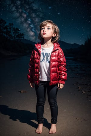 Full body portrait of a child, with wide, curious eyes, gazing up at a night sky filled with stars, their expression filled with wonder and awe