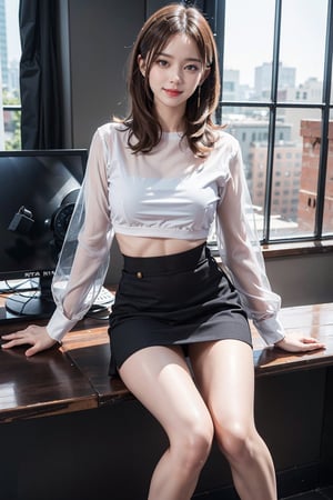 An office, black stilettos ,glasses:1.1, white blouse:1.5, black short skirt1.5, fullbody:1.1, legs apart:1.8, panties visible:1.5,((natta、Realistic light、top-quality、8K、​masterpiece:1.3)),1girl, abdominals:1.1,Blond straight haired, big breasts:1.2,  beauty legs,Super fine face,A detailed eye,cheerful,seductive,smile,mikana_yamamoto,jeongyeon