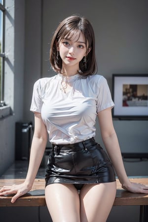 In office, black stilettos , white blouse:1.5, black short skirt1.5, fullbody:1.1, legs apart:1.8, panties visible:1.5,((natta、Realistic light、top-quality、8K、​masterpiece:1.3)),1girl, abdominals:1.1,Blond straight haired, big breasts:1.2,  beauty legs,Super fine face,A detailed eye,cheerful,seductive,smile,mikana_yamamoto,jeongyeon