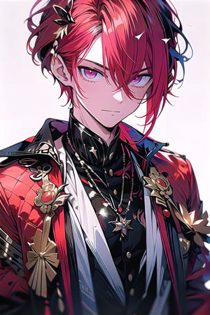 1male, red hair, red eyes, arrogant face, arrogant smile, wearing stylish clothes, fantasy background, detailed eyes, detailed face, detailed body