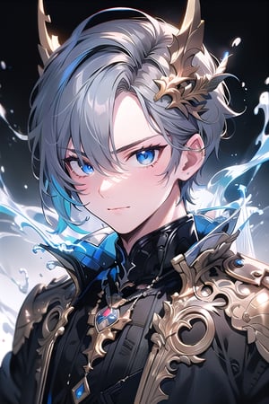 1male,  men, grey hair,  blue eyes,  arrogant face,  arrogant smile,  wearing stylish clothes,  fantasy background,  detailed eyes,  detailed face,  detailed body, 