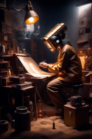 An Asian artist drawing with a delivery tube behind his head, artist studio, surrounded by futuristic robot city, movie footage, waist up. Cold light, backlight, dramatic light, realistic, high quality, high details, exquisite, Renaissance style golden ratio composition, square,mecha,biopunk style,
Intimate Glimpse of a Explorer: Intricate, perplexing, (desaturated), (a singular piece of Surrealist Automatism, The Wrinkled Nomad), warped space-time continuum, pilgrim with an alien pet:2.1 Asian man:0.4,  crystalline, aged:1.9, lined and wise face, gears and sand as skin, (amber and muted gold colors:2.1) warm glow, cosmologist, dieselpunk, time-lapse, pinhole camera, pinhole photography, film, photo realism, DSLR, 14k uhd, hdr, immaculate composition, museum-quality, calibrated saturation
,cyberpunk style