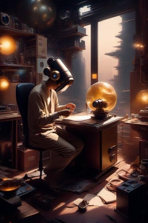 An Asian artist drawing with a delivery tube behind his head, artist studio, surrounded by futuristic robot city, movie footage, waist up. Cold light, backlight, dramatic light, realistic, high quality, high details, exquisite, Renaissance style golden ratio composition, square,mecha,biopunk style,
Intimate Glimpse of a Explorer: Intricate, perplexing, (desaturated), (a singular piece of Surrealist Automatism, The Wrinkled Nomad), warped space-time continuum, pilgrim with an alien pet:2.1 Asian man:0.4,  crystalline, aged:1.9, lined and wise face, gears and sand as skin, (amber and muted gold colors:2.1) warm glow, cosmologist, dieselpunk, time-lapse, pinhole camera, pinhole photography, film, photo realism, DSLR, 14k uhd, hdr, immaculate composition, museum-quality, calibrated saturation
,cyberpunk style