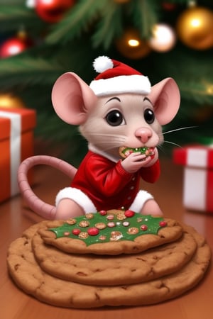 sweet little Rat with Christmas hat eating Christmas Cookie infront of a Christmas Tree