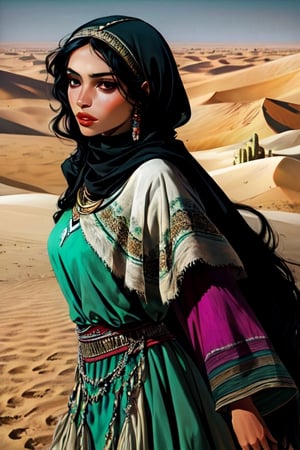 human girl, soft black eyes, blacklong hair, full lips, , slim, Arabian, Nomad , Desert Clothing, full dressed, veiling
