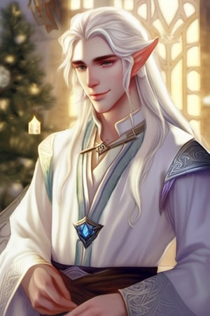 Elf, male , 20 years , long whiteblond hair ,Upper arm bracelet , mage, dreaming smile , white thight Shirt , pants , Collar,