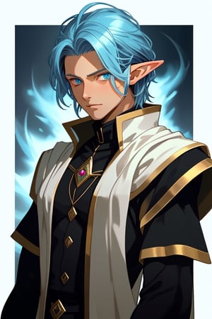 Man, Elf ,  30 years, Mage,  blue shining eyes , black halflong hair , trained body , noble Men Suit , fine jewelry
