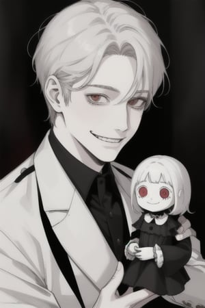 A man with a creepy smile and a pale face plays with a doll