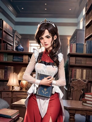 Gal Gadot in maid outfit, sexy pose near bookshelf, library, 1girl, solo, vaginal exposure, maid, black stockings, oily skin, green eyes, apron, indoors, maid tiara, dark brown skin Woman, dark skin, dark red pony hair, looking at viewer, long sleeves, blushing, book, skirt, window, maid apron, hands on chest, long skirt, ultra-refined 8K quality, animated character,