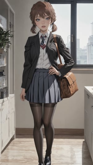 //quality and character
masterpiece, best quality, ultra-detailed, beautiful detailed,4k, highres, ultla detailed, absurdres, BREAK

//Character
a girl in uniform posing near window in house-style living room, 
1girl, solo, bag, pantyhose, twintails, skirt, black hair, necktie, black footwear, looking at viewer, school uniform, grey skirt, jacket, shoes, loafers, full body, 
open mouth, pleated skirt, black jacket, school bag, standing, black pantyhose, shirt, white shirt, long hair, holding, bangs

//background
 (living:1.2),BREAK