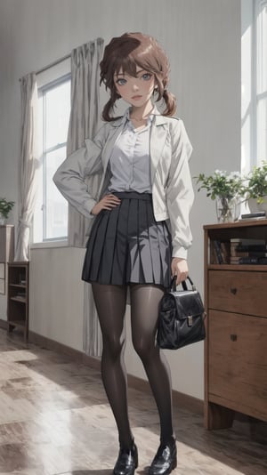 //quality and character
masterpiece, best quality, ultra-detailed, beautiful detailed,4k, highres, ultla detailed, absurdres, BREAK

//Character
a girl in uniform posing near window in house-style living room, 
1girl, solo, bag, pantyhose, twintails, skirt, black hair, necktie, black footwear, looking at viewer, school uniform, grey skirt, jacket, shoes, loafers, full body, 
open mouth, pleated skirt, black jacket, school bag, standing, black pantyhose, shirt, white shirt, long hair, holding, bangs

//background
 (living:1.2),BREAK