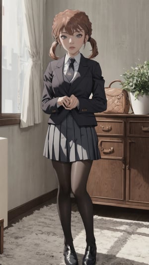 //quality and character
masterpiece, best quality, ultra-detailed, beautiful detailed,4k, highres, ultla detailed, absurdres, BREAK

//Character
a girl in uniform posing near window in house-style living room, 
1girl, solo, bag, pantyhose, twintails, skirt, black hair, necktie, black footwear, looking at viewer, school uniform, grey skirt, jacket, shoes, loafers, full body, 
open mouth, pleated skirt, black jacket, school bag, standing, black pantyhose, shirt, white shirt, long hair, holding, bangs

//background
 (living:1.2),BREAK