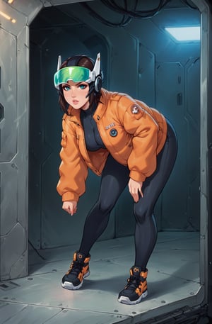 sThe image is a digital illustration of a young woman wearing a futuristic helmet with a large headpiece. The helmet is blue with a green visor and has two large round eyes on the front. The woman is wearing an orange jacket and has a serious expression on her face. She is standing in a room with various objects hanging from the ceiling and shelves in the background. The overall mood of the image is futuristic and futuristic.