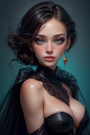 Fashion-forward woman clad in avant-garde black and violet attire, digital painting in the style of Konstantin Razumov, color palette inspired by Pierre Cardin, textures echoing Alberto Seveso's ink-in-water medium, surreal Ray Caesar-like foliage surrounding her, name in sans serif typeface prominent, hands displayed with grace, blending elegance, digital render, ultra fine, vivid colors