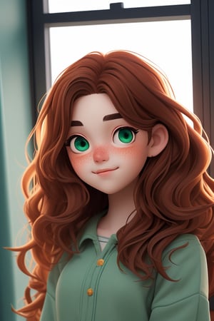 Generate a digital portrait of a 18-year-old hintai girl with long, wavy auburn hair, standing in badroom. She's don't wearing any thing, The soft sunlight filters windows , casting warm, gentle rays on her freckled cheeks. Her eyes are a deep shade of green.