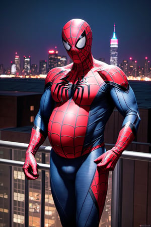 Spider-Man, Spider-Man, Male, 1boy, Age: 25 years Height: Medium (about 1.75 meters). outdoors, standing, on_rooftop, new_york_skyline, skyline_background, midnight, nighttime , provacative_pose, sexy, hyper_bulge, crotch_bulge,man_boobs, manboobs, mobs,spider-man costume, Spider-Man_suit, masked, mask_on, faceless, man_boobs, moobs, manboobs, round_belly, large_belly, belly_inflation, muscle_gut, big_belly, round_belly, looks_pregnant, Mpreg,male_pregnant, very_pregnant, pregnant_belly,  knocked_up, gravid, hyper_belly, gut, belly, overweight_male,superchub, clothed, hands_on_hips