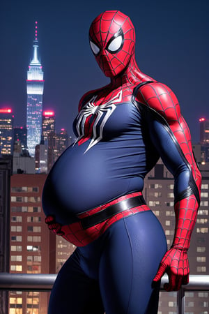Spider-Man, Spider-Man, Male, 1boy, Age: 25 years Height: Medium (about 1.75 meters). outdoors, standing, on_rooftop, new_york_skyline, skyline_background, midnight, nighttime , provacative_pose, sexy, hyper_bulge, crotch_bulge,man_boobs, manboobs, mobs,spider-man costume, Spider-Man_suit, masked, mask_on, faceless, man_boobs, moobs, manboobs, round_belly, large_belly, belly_inflation, muscle_gut, big_belly, round_belly, looks_pregnant, Mpreg,male_pregnant, very_pregnant, pregnant_belly,  knocked_up, gravid, hyper_belly, gut, belly, overweight_male,superchub, clothed, giant_breasts, huge_boobs, oversized_breasts 