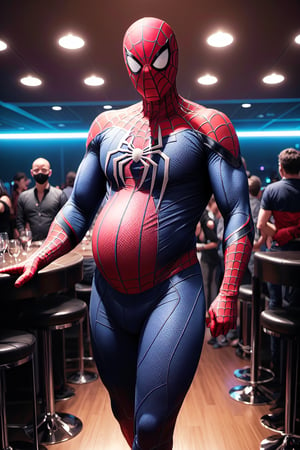 Spider-Man, Spider-Man, Male, 1boy, Age: 25 years Height: Medium (about 1.75 meters). Indoors, nightclub, night_club , dancing, sexy, hyper_bulge, crotch_bulge,man_boobs, manboobs, mobs,spider-man costume, Spider-Man_suit, masked, mask_on, faceless, man_boobs, moobs, manboobs, round_belly, large_belly, belly_inflation, muscle_gut, big_belly, round_belly, looks_pregnant, Mpreg,male_pregnant, very_pregnant, pregnant_belly,  knocked_up, gravid, hyper_belly, gut, belly, overweight_male,superchub