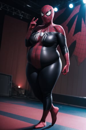 Solo, Spider-Man, Spider-Man, 1_girl, female, Age: 20 years Height: Medium  , indoors, provacative_pose, sexy,spider-man_costume, Spider-Man_suit, faceless, oversized_breasts, huge_boobs, chubby_female,perfect_hands, viewed_from_front, no_face, Spider-Man_mask, shaved_head, covered_face, covered_eyes, dancing, nightclub, night_club,  eyes_covered, hairless, no_hair, on_stage, full_body,spider-man_costume, chubby_female, weight_gain, fattening, overweight, plump, obese, obese_female,chubby_girl, perfect_hands,