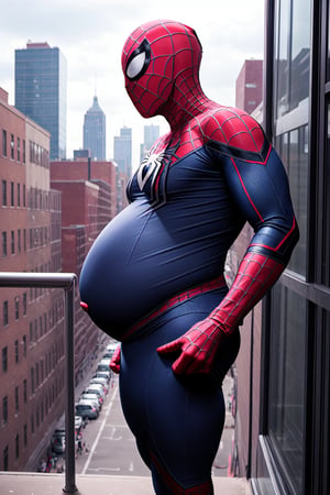 Spider-Man, Spider-Man, Male, 1boy, Age: 25 years Height: Medium (about 1.75 meters). outdoors, standing, on_rooftop, new_york_skyline, skyline_background, midnight, nighttime , provacative_pose, sexy, hyper_bulge, crotch_bulge,man_boobs, manboobs, mobs,spider-man costume, Spider-Man_suit, masked, mask_on, faceless, man_boobs, moobs, manboobs, round_belly, large_belly, belly_inflation, muscle_gut, big_belly, round_belly, looks_pregnant, Mpreg,male_pregnant, very_pregnant, pregnant_belly,  knocked_up, gravid, hyper_belly, gut, belly, overweight_male,superchub, clothed, perfect_hands, side_view
