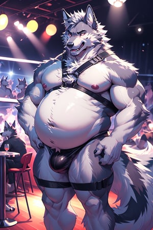 gender_transformation  ,rule_63 ,full_body, male, wolf, adult ,1_boy , nipples, areola, male_nipples, bara_tiddies ,facial_expressions, jock_strap, jockstrap, huge_bulge, nippes, pink nipples, indoors, nightclub, night_club, detailed background, realistic, photorealistic, ultra realistic, 8k, realistic, every detail of this beautiful, insanely detailed, detailed background, , beautiful, detailed intricate, ultra realistic,loona,hellhound,perfecteyes, large_belly, round_belly, belly_inflation, belly, muscle_gut, harness