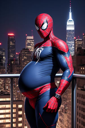 Spider-Man, Spider-Man, Male, 1boy, Age: 25 years Height: Medium (about 1.75 meters). outdoors, standing, on_rooftop, new_york_skyline, skyline_background, midnight, nighttime , provacative_pose, sexy, hyper_bulge, crotch_bulge,man_boobs, manboobs, mobs,spider-man costume, Spider-Man_suit, masked, mask_on, faceless, man_boobs, moobs, manboobs, round_belly, large_belly, belly_inflation, muscle_gut, big_belly, round_belly, looks_pregnant, Mpreg,male_pregnant, very_pregnant, pregnant_belly,  knocked_up, gravid, hyper_belly, gut, belly, overweight_male,superchub, clothed, perfect_hands, side_view
