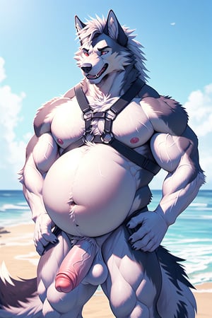 gender_transformation  ,rule_63 ,full_body, male, wolf, adult ,1_boy ,big_muscle, nipples, areola, male_nipples, bara_tiddies ,facial_expressions, (, beautiful_penis, cock, cute_penis ,), nippes, pink nipples, beach, coast, ocean ,fantasy, detailed background, realistic, photorealistic, ultra realistic, 8k, realistic, every detail of this beautiful, insanely detailed, detailed background, , beautiful, detailed intricate, ultra realistic,loona,hellhound,perfecteyes, large_belly, round_belly, belly_inflation, belly, muscle_gut, harness