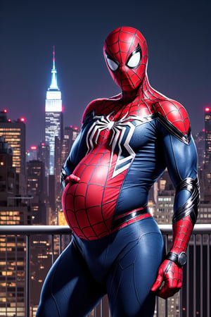 Spider-Man, Spider-Man, Male, 1boy, Age: 25 years Height: Medium (about 1.75 meters). outdoors, standing, on_rooftop, new_york_skyline, skyline_background, midnight, nighttime , provacative_pose, sexy, hyper_bulge, crotch_bulge,man_boobs, manboobs, mobs,spider-man costume, Spider-Man_suit, masked, mask_on, faceless, man_boobs, moobs, manboobs, round_belly, large_belly, belly_inflation, muscle_gut, big_belly, round_belly, looks_pregnant, Mpreg,male_pregnant, very_pregnant, pregnant_belly,  knocked_up, gravid, hyper_belly, gut, belly, overweight_male,superchub, clothed, 