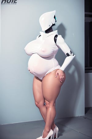 haydee, 1girl, solo, breasts, curvy_figure, body_suit, white_bodysuit, high heels, android, robot, dark skin, tall, upper body, portrait, faceless, masked, hands_on_hips, [cameltoe],  black_skin ,brown_skin, dark_skin_female, oversized_breasts, huge_boobs, tight_clothing, skin_tight, pregnant, pregnant_belly, very_pregnant