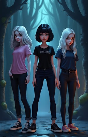 (((LEAVE SPACE AT THE TOP)))((Monsterville background)),  ((((THREE)))) (3) friends: Vampy (((a 13-year-old vampire girl ((SHE HAS SHORT BLACK HAIR, A BOB CUT. dark clothes:  jeans, t-shirt and sneakers.  ///  Wanda, ((((a 13-year-old witch girl ((SHE HAS LONG SILVER HAIR that falls over her shoulders. large skirt, t-shirt and sneakers///  Jimmy, ((( a 13-year-old jimmy is a LYCANTHROP BOY ((he has BROWN HAIR AND YELLOW EYES)))).  !!!!!!!THREE FRIENDS!!!!!!!!! Vampy SHORT BLACK HAIR. Wanda LONG SILVER HAIR. JIMMY BROWN HAIR AND YELLOW EYES.