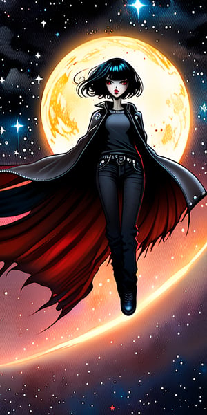 Vampy is a 13 years-old vampire girl. She has ((((SHORT HAIR, black hair, bob haircut)))) and red eyes. She is gothic. dark clothes, (((LONG T-shirt, jeans and jacket))). Ultra-high detail, detailed starry sky. (((Vampy Jumping in mid-air with arms outstretched.))). SHORT HAIR, SHORT HAIR
 all rendered in the distinctive styles of artists Craola, Dan Mumford, Andy Kehoe and Luis Royo