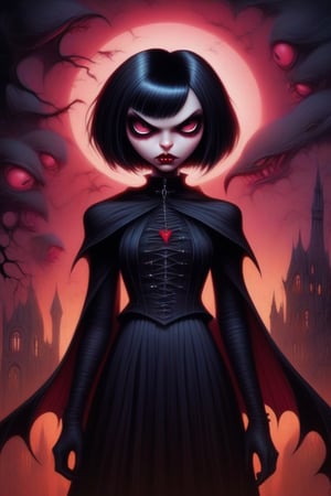 red cartoon character. Vampy is ((13 years old))) and is a vampire girl. She has ((((short black hair, (((bob haircut)))) and red eyes. (pink skin). She is gothic. dark costume. pants. Ultra-high detail, All styles of Craola artists. Dan Mumford, Andy Kehoe and Luis Royo