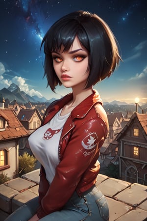 PORTRAIT OF Vampy, is a vampire girl. She has ((((SHORT HAIR, black hair, bob haircut)))) and BIG red eyes. She is gothic. dark clothes, (((LONG T-shirt, jeans and jacket))). Ultra-high detail, detailed starry sky. all rendered in the distinctive styles of artists Craola, Dan Mumford, Andy Kehoe and Luis Royo. ((((( gloomy. detailed face, side view. Vampy SITTING on the roof of the highest dome in the town of Monsterville, overlooking the Monsterville skyline., panoramic view of the camera, detailed night sky 2/3 frame, UHD, 8K, studio lighting, perfect composition, perfect lighting. Ultra-high detail,)))(((LEAVE SPACE AT THE TOP))) (((LEAVE SPACE AT THE TOP)))