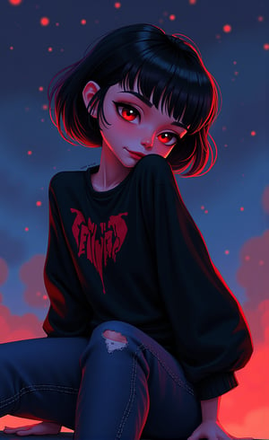 (((LEAVE SPACE AT THE TOP))) aesthetic, cartoon origin, cute face, pretty eyes, eyebrows, detailed eyes, The illustration, drawn from a low angle, depicts a vampire girl. Portrait of Vampy.  Is a 12 years-old vampire girl. She has ((((SHORT HAIR, black hair, )))) and red eyes. She is gothic. dark clothes, SENAKERS (((LONG T-shirt, large jeans, sneakers and jacket))). Ultra-high detail, detailed starry sky.  ((((( gloomy. detailed face, side view. Vampy SITTING on the roof of the highest dome in the town of Monsterville, overlooking the Monsterville skyline., panoramic view of the camera, detailed night sky full of stars 2/3 frame, UHD, 8K, studio lighting, perfect composition, perfect lighting. (medium close-up), (side view), ((side)), (single focus)))
DETAILED EYES, HANDS AND FINGERS!!
 . The background is plain with abstract spots, which creates a stark contrast to the figure. HD Eyes: 1.4, Looking at Viewer Shot: 1.35, Head Tilted, Upper Body, Jeans, Simple Background, Drawing Lines, Sketch, (Lava Lamp Style), Light Design, Intricate Details, Simple Background, legendofnerd style, Simple BREAK Background, Diagonal Abstract Structure in Background, ((Colored Pencil)), Sketch, Painting, ((Paper Texture)), art_solyanka, SKP-highly detailed, SamYoung_Illustration
