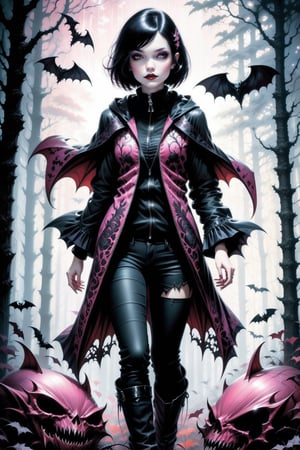 Vampy: She is 13 years old and is a vampire girl.. She has ((((short black hair)))) (((bob haircut))), and RED eyes. She is gothic. dark costumes. BLACK JEANS, T-SHIRT AND JACKET. pink skin. (((Vampy run on the forest)))
Ultra-high detail, All styles of Craola artists. Dan Mumford, Andy Kehoe and Luis Royo
