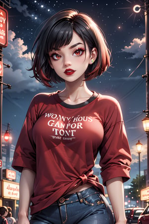  Vampy. She is a 11 years-old vampire girl. She has ((((SHORT HAIR, black hair, bob haircut)))) and red eyes. She is gothic. dark clothes, (((LONG T-shirt, jeans and jacket))). Ultra-high detail, detailed starry sky. 
 all rendered in the distinctive styles of artists Craola, Dan Mumford, Andy Kehoe and Luis Royo