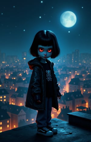 (((LEAVE SPACE AT THE TOP))) PORTRAIT OF Vampy, is a 11 years-old vampire girl. She has ((((SHORT HAIR, black hair, bob haircut)))) and BIG red eyes. She is gothic. dark clothes, SNEAKERS (((LONG T-shirt, jeans and jacket))). Ultra-high detail, detailed starry sky. all rendered in the distinctive styles of artists Craola, Dan Mumford, Andy Kehoe and Luis Royo. ((((((((((gloomy, detailed face, front view. Vampy standing on the roof of the highest dome in Monsterville village, overlooking the Monsterville skyline, Vampy facing the camera, looking at the camera, panoramic view, detailed night sky 2/3 frame, UHD, 8K, studio lighting, perfect composition, perfect lighting. Ultra-high detail,))))))(((LEAVE SPACE AT THE TOP))) (((LEAVE SPACE AT THE TOP))) (((BIG EYES)))