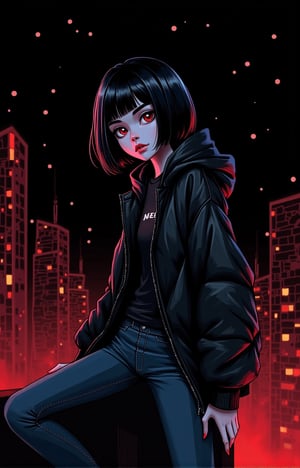 (((LEAVE SPACE AT THE TOP))) aesthetic, cartoon origin, cute face, pretty eyes, eyebrows, detailed eyes, ((black background)),  The illustration, drawn from a low angle, depicts a vampire girl. Is Vampy.  she is a 12 years old vampire girl. She has ((((SHORT HAIR, black hair,)))) and red eyes. She is gothic. Dark clothes, SNEAKERS, JEaNS. (((LONG T-shirt, jeans, and jacket))). Ultra high detail, detailed starry sky. ((( gloomy. detailed face, side view. Vampy SITTING on the roof of the tallest dome in Monsterville city, overlooking the Monsterville skyline., camera panning, detailed night sky 2/3 frame, UHD, 8K, Studio lighting, Perfect composition, Perfect lighting. Ultra high detail, . The background is plain with abstract spots, which creates a stark contrast to the two figures. HD Eyes: 1.4, Looking at Viewer Shot: 1.35, Head Tilted, Upper Body, Jeans, Simple Background, Drawing Lines, Sketch, (Lava Lamp Style), Light Design, Intricate Details, Simple Background, legendofnerd style, Simple BREAK Background, Diagonal Abstract Structure in Background, ((Colored Pencil)), Sketch, Painting, ((Paper Texture)), art_solyanka, SKP-highly detailed, SamYoung_Illustration. Night sky.
