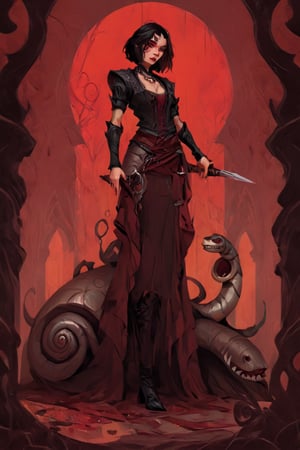 red cartoon character, digital painting,. Vampy is 15 years old and is a vampire girl. (((little fangs))). She has ((((short black hair, bob haircut)))), and ¡red eyes!. She is very gothic. black clothes. (standing on a giant snail).
All  styles of artists Dan Mumford, Andy Kehoe and Luis Royo, featuring a double exposure effect on the texture of cracked paper,  and vibrant colors.