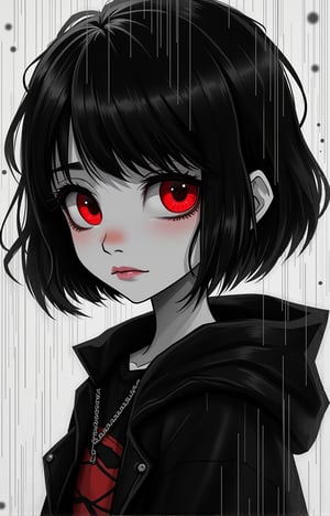 (((LEAVE SPACE AT THE TOP))) aesthetic, cartoon origin, cute face, pretty eyes, eyebrows, detailed eyes, The illustration, drawn from a low angle, depicts a vampire girl. Portrait of Vampy.  Is a 12 years-old vampire girl. She has ((((SHORT HAIR, black hair, )))) and red eyes. She is gothic. dark clothes, SENAKERS (((LONG T-shirt, large jeans, sneakers and jacket))). Ultra-high detail, detailed starry sky.  (((Vampy, upper body, close-up, monochrome, ((masterpiece: 2)), in the fast rain, eyes closed, cries, tears, sadness, artistic aesthetics, impressive image, proportional and detailed image. UHD, 8K, studio lighting, perfect composition, perfect lighting. Ultra-high detail, ))))))
DETAILED EYES, HANDS AND FINGERS!!
 The background is plain with abstract spots, which creates a stark contrast to the figure. HD Eyes: 1.4, Looking at Viewer Shot: 1.35, Head Tilted, Upper Body, Jeans, Simple Background, Drawing Lines, Sketch, (Lava Lamp Style), Light Design, Intricate Details, Simple Background, legendofnerd style, Simple BREAK Background, Diagonal Abstract Structure in Background, ((Colored Pencil)), Sketch, Painting, ((Paper Texture)), art_solyanka, SKP-highly detailed, SamYoung_Illustration
