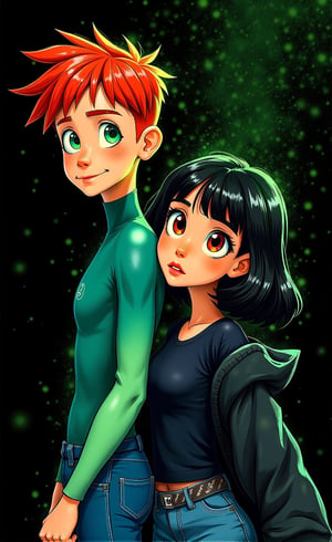 (((LEAVE SPACE AT THE TOP))) aesthetic, cartoon origin, cute face, pretty eyes, eyebrows, detailed eyes, ((black background)), ((bright green chromatic aberration)), The illustration, drawn from a low angle, depicts a merman boy and a vampire girl. The boy is wearing a wetsuit, has green eyes, red hair, and freckles on her face. The girl has short, bob-cut black hair, is wearing a dark large t-shirt, and a black jacket. She has red eyes. The background is plain with abstract spots, which creates a stark contrast to the two figures. HD Eyes: 1.4, Looking at Viewer Shot: 1.35, Head Tilted, Upper Body, Jeans, Simple Background, Drawing Lines, Sketch, (Lava Lamp Style), Light Design, Intricate Details, Simple Background, legendofnerd style, Simple BREAK Background, Diagonal Abstract Structure in Background, ((Colored Pencil)), Sketch, Painting, ((Paper Texture)), art_solyanka, SKP-highly detailed, SamYoung_Illustration
