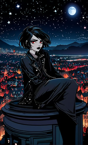 portrait Vampy is a 13 years-old vampire girl. She has ((((SHORT HAIR, black hair, bob haircut)))) and red eyes. She is gothic. dark clothes, (((LONG T-shirt, large jeans, sneakers and jacket))). Ultra-high detail, detailed starry sky. all rendered in the distinctive styles of artists Craola, Dan Mumford, Andy Kehoe and Luis Royo. ((((( gloomy. detailed face, side view. Vampy SITTING on the roof of the highest dome in the town of Monsterville, overlooking the Monsterville skyline., panoramic view of the camera, detailed night sky full of stars 2/3 frame, UHD, 8K, studio lighting, perfect composition, perfect lighting. Ultra-high detail, detailed starry sky)))(((LEAVE SPACE AT THE TOP)))