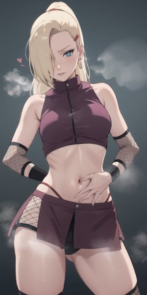 yamanaka ino, seductive_pose, steaming body, heavy breath, sleeveless,crop top, ponytail, fishnets, midriff, earrings, hair over one eye, skirt, hairclip, lifted by self