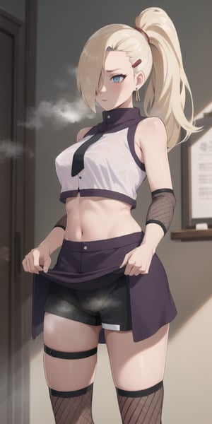 yamanaka ino, seductive_pose, steaming body, heavy breath, sleeveless,crop top, ponytail, fishnets, midriff, earrings, hair over one eye, skirt, hairclip, lifted by self