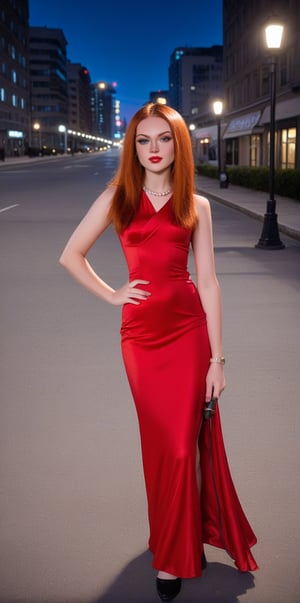 Olivia Wilde posing confidently in a bold red dress against a dark cityscape backdrop at dusk, streetlights casting long shadows across her face and the pavement. Her eyes sparkle with determination as she stands firmly, one hand resting on her hip, the other clutching a microphone, with the NYC skyline visible behind her.