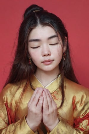 A Chinese ancient beauty is praying, with hands clasped together, eyes closed in silence, wearing a solemn yet beautiful expression, Red Background