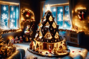 A gingerbread house with a gingerbread man with large snowflakes falling in the background. #Christmas,Christmas Room,Christmas