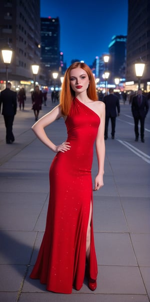 Olivia Wilde posing confidently in a bold red dress against a dark cityscape backdrop at dusk, streetlights casting long shadows across her face and the pavement. Her eyes sparkle with determination as she stands firmly, one hand resting on her hip, the other clutching a microphone, with the NYC skyline visible behind her.